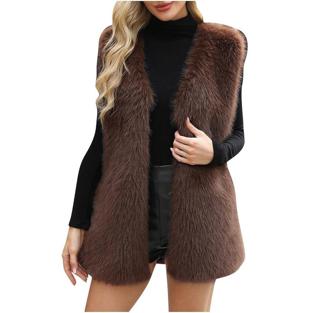 Forandiu Womens Faux Fur Vest Shaggy Open Front Vest Sleeveless Jacket Soft Fuzzy Waistcoat Winter Warm Fashion Coat