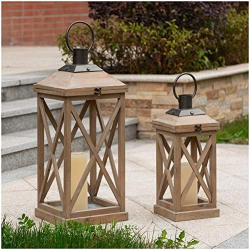 Glitzhome Mondern Farmhouse Wood Metal Lanterns Decorative Hanging Candle Lanterns Set of 2, Grey (No Glass)