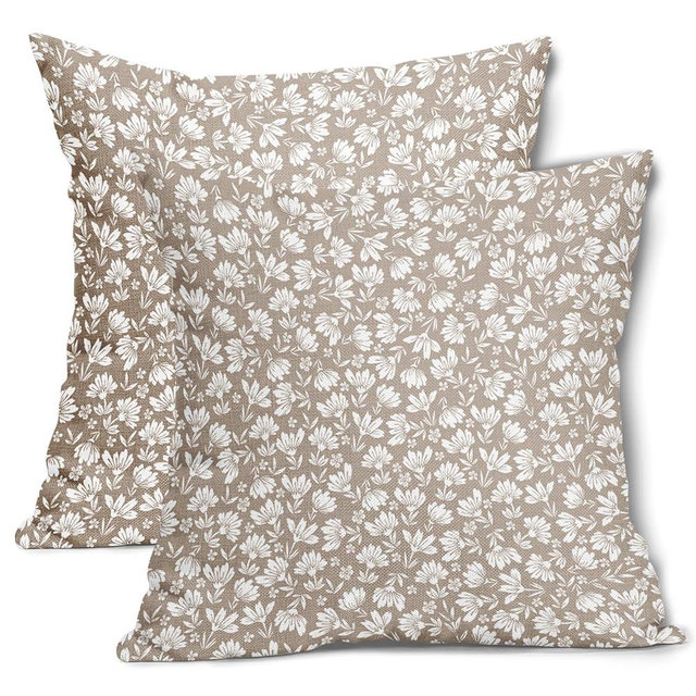 Tan Khaki Beige Daisy Floral Pillow Covers 18X18 Inch Vintage Flowers Decorative Pillow Cases Set of 2 Block Print Cotton Linen Throw Pillows Farmhouse Decor For Sofa Couch Porch Bed Cushion Outdoor