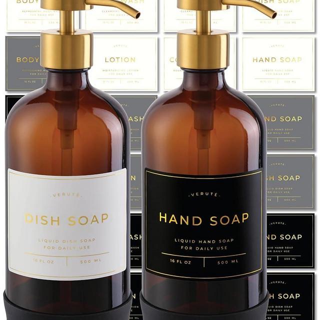 Verute 16oz Glass Soap Dispenser with Stainless Steel Pump, 21 Waterproof Labels, Non-slip Protective Silicone Pad, Set of 2 for Bathroom & Kitchen (Amber Bottle/Brushed Gold Pump)