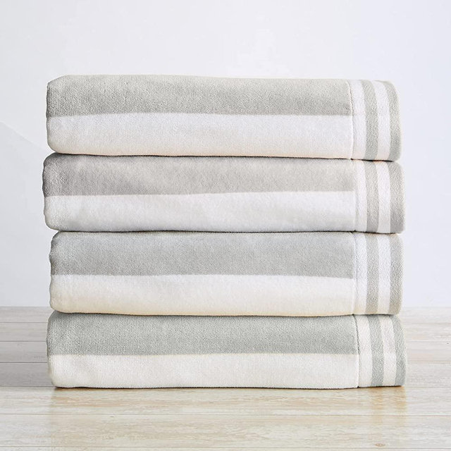 4-Pack 100% Cotton Beach Towel. Cabana Stripe Velour Pool Towels. Edgartown Collection (Pale Grey)