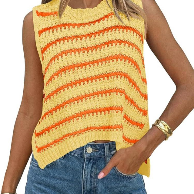 Saodimallsu Womens Sleeveless Striped Sweater Vest Crew Neck Summer Casual Side Split Knit Tank Tops