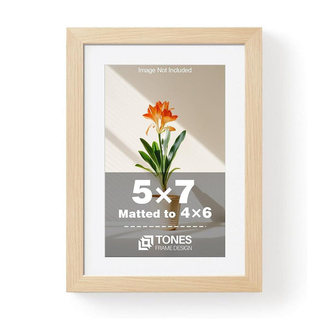 TONES FRAME DESIGN 5x7 Picture Frame Matted to 4x6 Natural Wood Veneer Finish Wooden 5 x 7 Picture Frames with Shatterproof Plexiglass 5 by 7 Photo Frame for Tabletop Wall Display, 1 Pack
