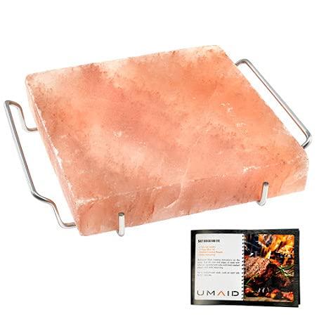 UMAID Natural Himalayan Salt Block Cooking Plate 8 X 8 X 1.5 for Cooking, Grilling, Cutting and Serving, Food Grade Salt with Stainless Steel Tray Set with Recipe Pamphlet