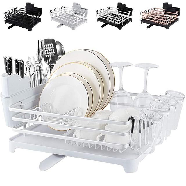 [Upgraded] ROTTOGOON Aluminum Dish Drying Rack, Compact Rustproof Dish Rack and Drainboard Set, Dish Drainer with Adjustable Swivel Spout, Removable Cutlery and Cup Holder, Silver & White