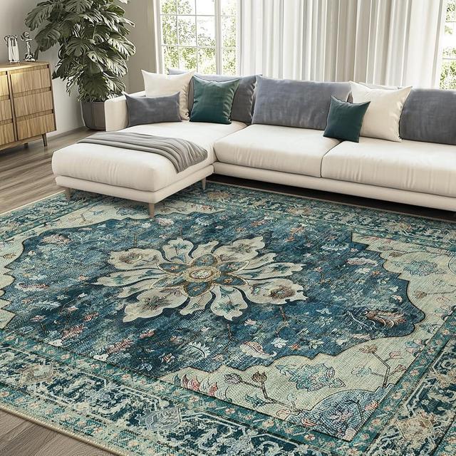 RELEANY Area Rugs 8'x10' Washable Non-Slip, Floral Vintage Distress Print Pattern Medallion Carpet for Living Room Bedroom Dining Room, Dark Blue Vintage
