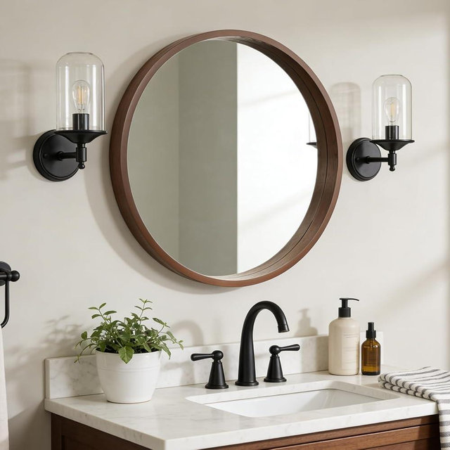 WallBeyond 28 Inch Round Wood Mirror, Large Circle Wooden Frame Wall Mirror for Bathroom, Living Room, Bedroom, Entryway (Walnut)