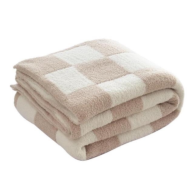 Ultra Soft Cozy Checkered Knitted Throw Blanket Fluffy Microfiber Checkerboard Bed Blanket Lightweight Both Sides Blanket for Couch Sofa Bed (Cream, Throw 50“x60”)