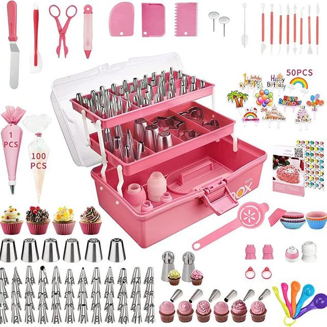 Cake Decorating Supplies Tools Kit: 358pcs Baking Accessories with Storage Case - Piping Bags and Icing Tips Set - Cupcake Cookie Frosting Fondant Bakery Set for Adults Beginners or Professional/Pink