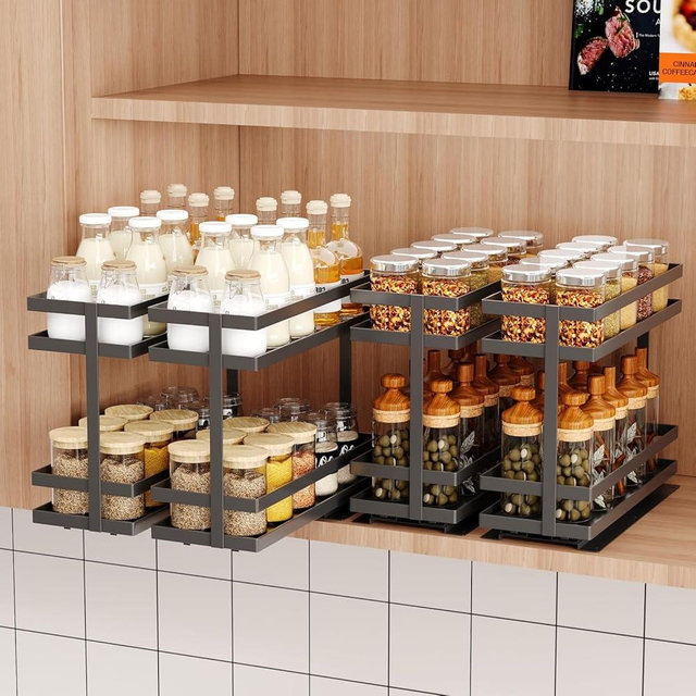 Mustorn 4 Pack Pull Out Spice Rack Organizer for Cabinet, 2 Tier Metal Slide Out Seasoning Organizer and Storage Heavy Duty Vertical Spice Rack Shelf Pullout for Kitchen Cabinets No Drilling (Black)