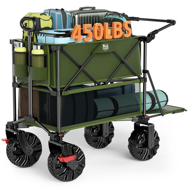TIMBER RIDGE Push & Pull Double Decker Wagon, 400L Large Capacity Heavy Duty & 450lb Load, Collapsible Cart with All-Terrain Wheels & Brakes, 54” Extended Foldable for Sports, Beach, Camping, Green
