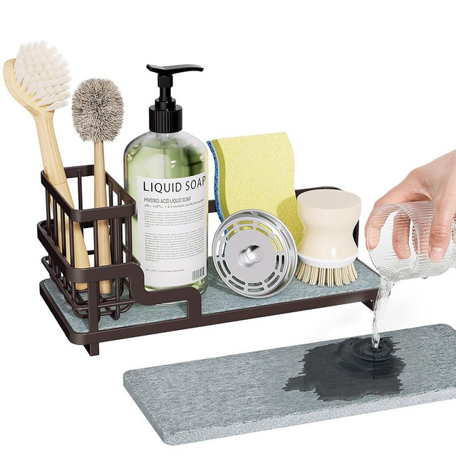 Consumest Sponge Holder for Kitchen Sink - Sink Caddy Organizer with Water Absorbing Stone Tray, Detachable Brush Holder, Stainless Steel Kitchen Counter Organizer Rack, Bronze