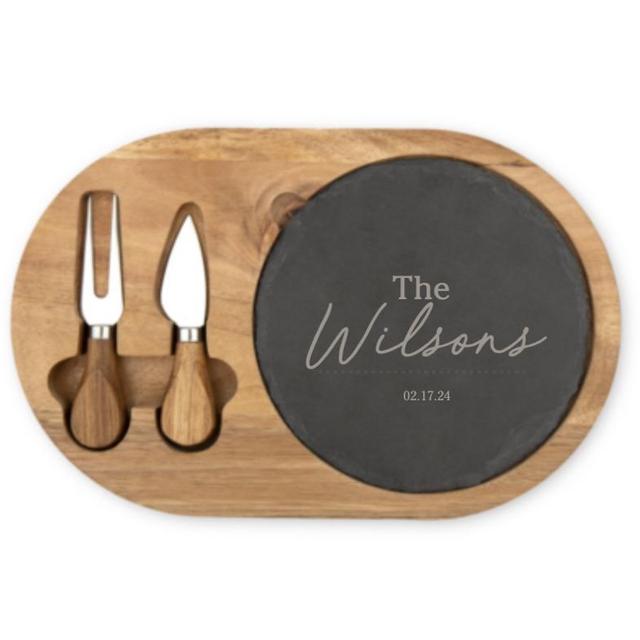 Weddingstar Custom Engraved Circular Wooden Acacia Plank and Slate Serving Tray Set with Fork and Cheese Knife - Mr. & Mrs.