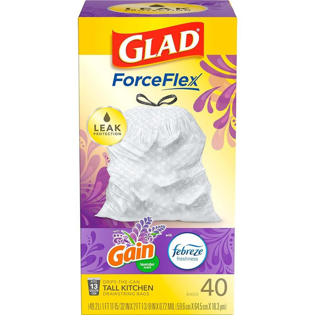 Glad ForceFlex Tall Kitchen Drawstring Trash Bags, 13 Gallon Trash Bag, Gain Lavender with Febreze Freshness, 40 Count