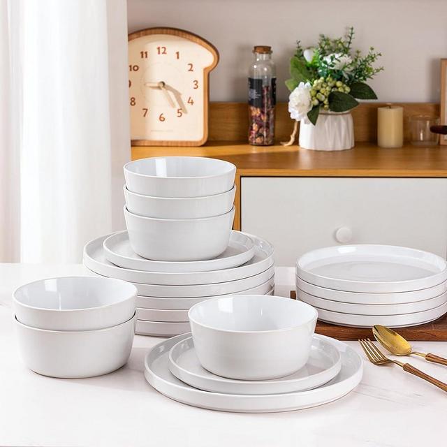 AmorArc Ceramic Dinnerware Sets for 6,18 -Piece Double Color Stoneware Plates and Bowls Set,Chip and Crack Resistant | Dishwasher & Microwave Safe Dishes Set,Service for 6 -White
