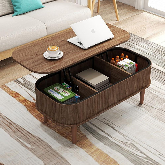 Lift Top Coffee Table, Fluted Lift Top Coffee Table with Storage, Mid-Century Modern Oval Design，Stylish Oval Centerpiece for Living Room with Hidden Storage(Walnut)