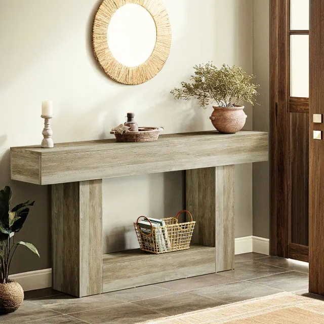 Resenkos Entryway Table, Console Sofa Table,63" Wood Console Table, Farmhouse 2-Tier Sofa Table Entryway Table,Rustic Brown Retro Gray