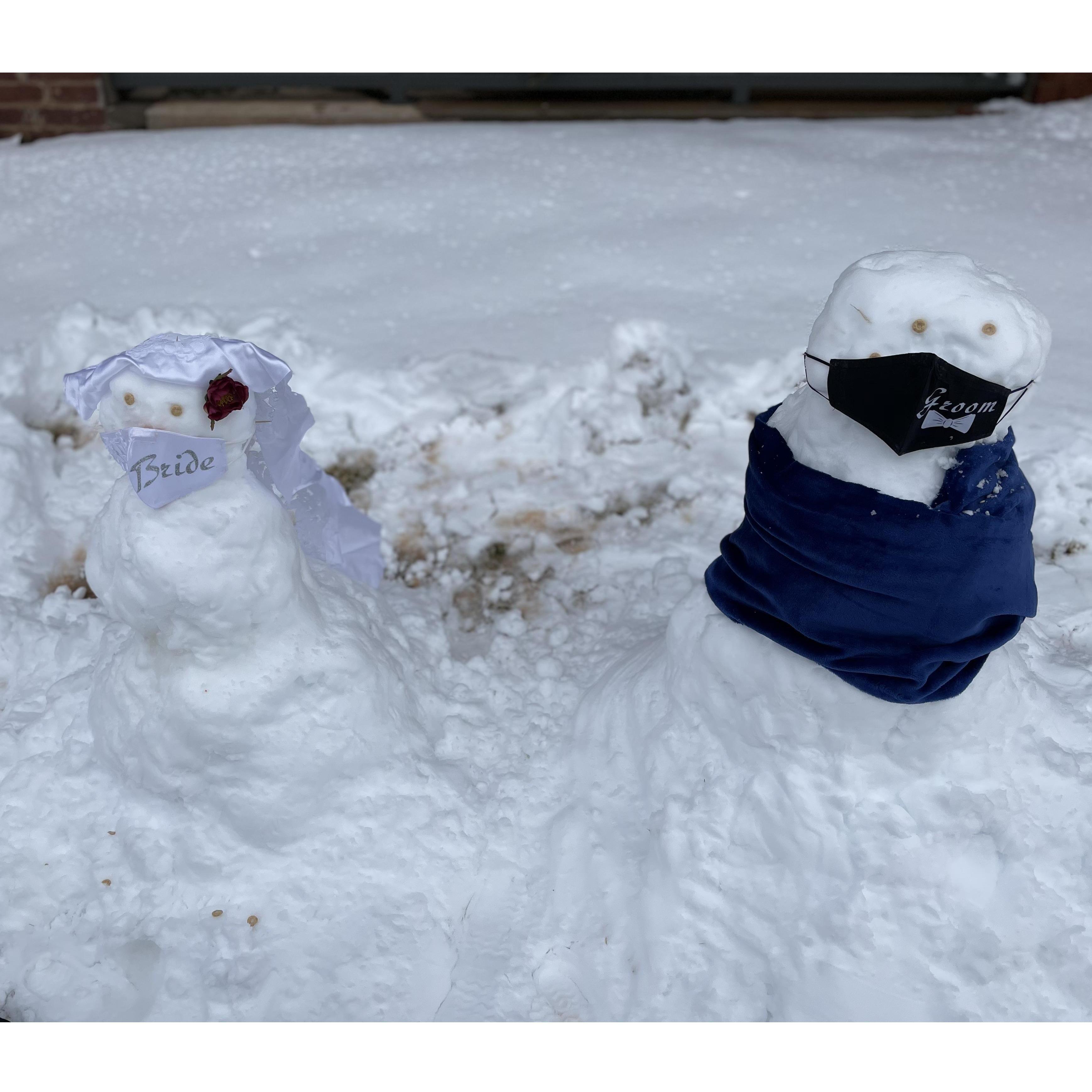 6 inches of snow to start our wedding year = bride and groom snowmen!