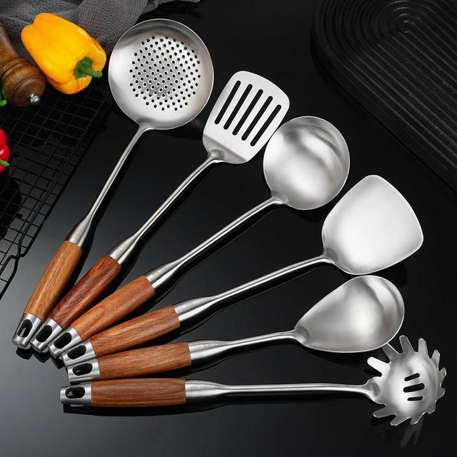 NIITAWH Stainless Steel Kitchen Utensils Set with Wooden Handle, 6 PCS Professional Cooking Utensils Set, Wok Spatula, Ladle, Skimmer, Slotted Spatula Turner, Spaghetti Spoon, Large Spoon