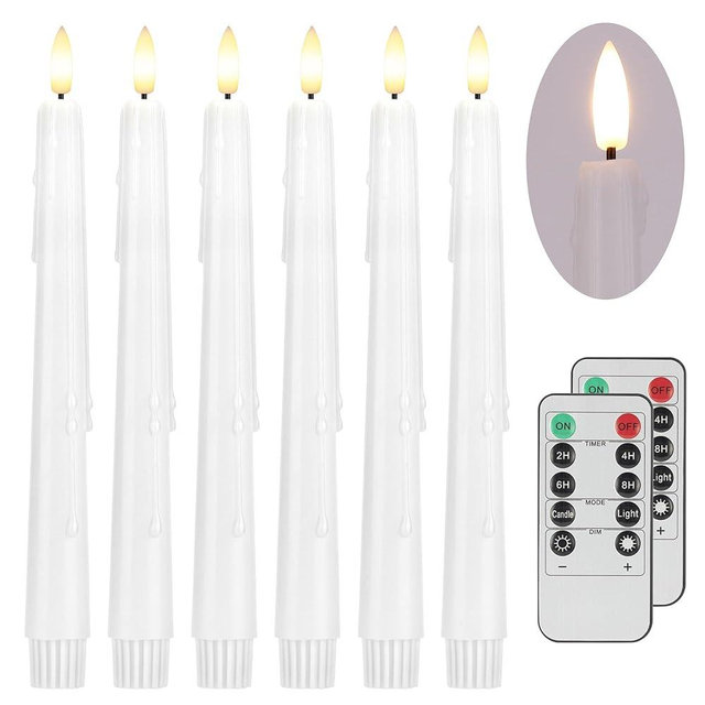 AFINETH Flameless Taper Candles with Two Rmote, 9.6" Dripless Battery Operated Candles, 6 Pack Real Wax Led Flickering Candlesticks with 3D Flame, Fake Candle for Home, Wedding, Party, White