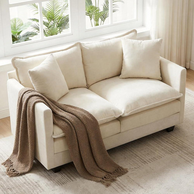 OwgeinSet 52" Loveseat Sofa, Modern Love Seat Couches, Small Loveseat for Small Spaces, Comfy Chenille Deep Seat Cloud Loveseat with 2 Pillows for Living Room, Bedroom,Apartment and Office, Beige