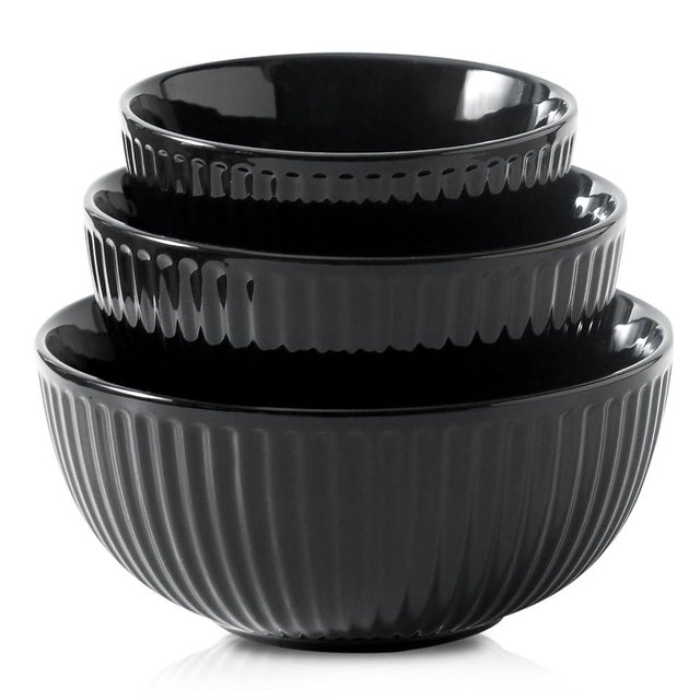 Hasense Porcelain Mixing Bowls of 3, Large Ribbed Black Bowls 1.5/1/0.5 Qt For Kitchen, Cooking, Baking and Serving Prep Bowls for Salad, Pasta, Modern Kitchen Dish Dishwasher & Microwave Safe