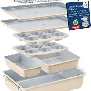 Bakken 8-Piece Stackable Bakeware Set - Ceramic Non-Stick Coating, Baking Sheets, Assorted Baking Pans, PTFE, PFOA & PFOS Free - Healthy Baking, Ergonomic Handles, Cooling Rack, Non-Toxic, Oven-Safe