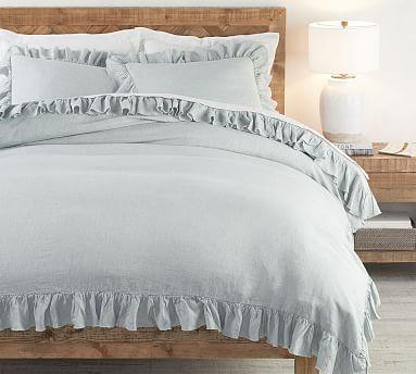 Belgian Flax Linen Fringe Ruffle Duvet Cover, King/Cal King, Mineral Blue