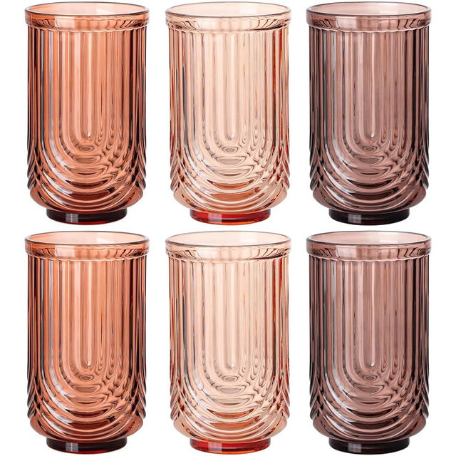 JOVGANK Amber Vintage Glassware Set of 6-17Oz Brown Water Drinking Glass, Art Deco Ripple Highball Glass, Whiskey Cocktail Glasses, for Bar Ice Coffee Juice, Christmas and New Year Gifts