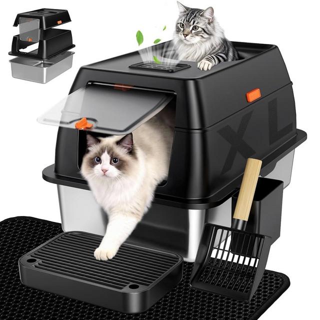 Tevila Extra Large Stainless Steel Litter Box with Lid, High Sided Enclosed Metal Cat Litter Pan, Dog Proof Front Entry Top Exit, Odor Control Easy Clean Leak Proof, Includes Mat, Scoop & Step, Black
