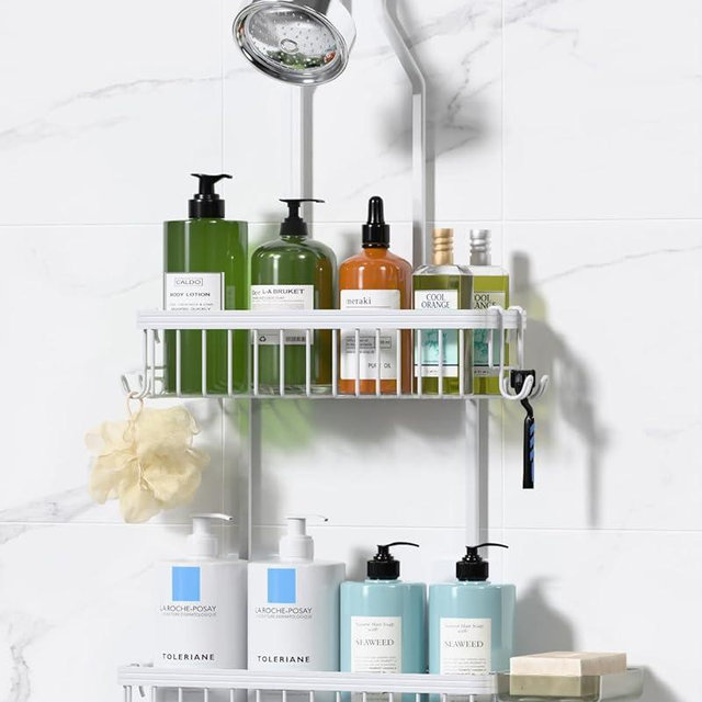 YASONIC Shower Caddy Hanging, Never Rust Shower Organizer Hanging, Aluminum Shower Racks for Inside Shower with Hooks for Razor, Bathroom Organizers and Storage with Soap Holder, White