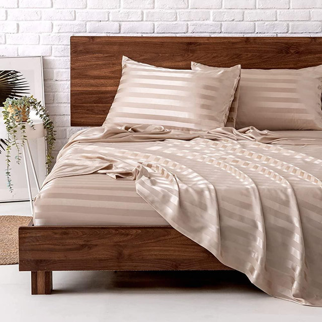 MR&HM Satin Bed Sheets, Queen Size Sheets Set, 4 Pcs Silky Bedding Set with 15 Inches Deep Pocket for Mattress(Queen, Champagne Striped)