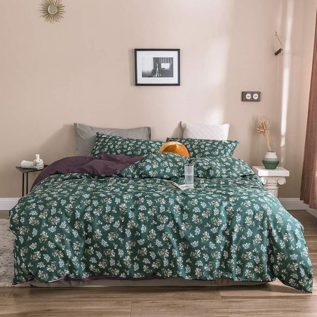 MICBRIDAL Garden Style Floral Duvet Cover King Comfy 100% Cotton Green Duvet Cover with 2 Pillowcases Chic Botanical Floral Bedding Set Reversible Purple Duvet Cover with Zipper Closure 4 Corner Ties