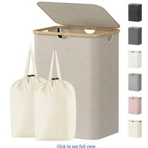 Lifewit 150L Laundry Basket with Lid, Clothes Hampers for Laundry with Bamboo Handles and 2 Removable Bag, Large Foldable Laundry Hamper for Bedroom, Bathroom, Dorm, Laundry Room, Beige