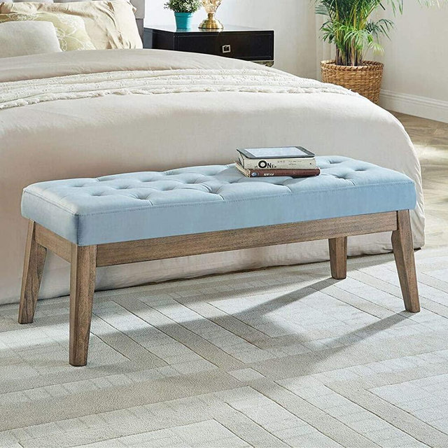 24KF Velvet Upholstered Tufted Bench with Solid Wood Leg,Ottoman with Padded Seat-Seaglass