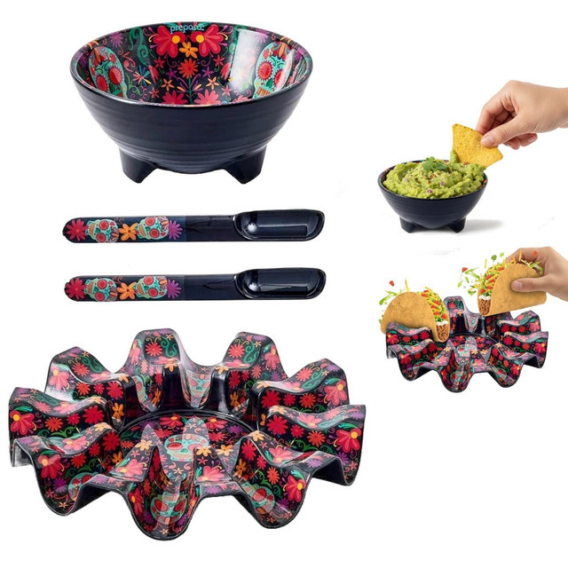 Prepara Taco Kit, Festive Carousel with Compartments, Durable Melamine Taco Spoons, Entertaining Party Bowl, Dishwasher Safe
