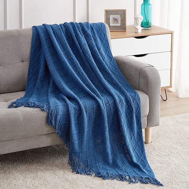 Bourina Textured Solid Soft Sofa Throw Couch Cover Knitted Decorative Blanket,Royal Blue 50"x60"