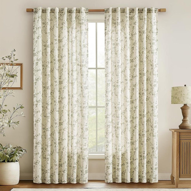 jinchan Linen Floral Curtains for Living Room 84 Inch Length Sage Green Printed Curtains Back Tab French Country Farmhouse Flower Patterned Drapes Bedroom Window Curtain Set 2 Panels