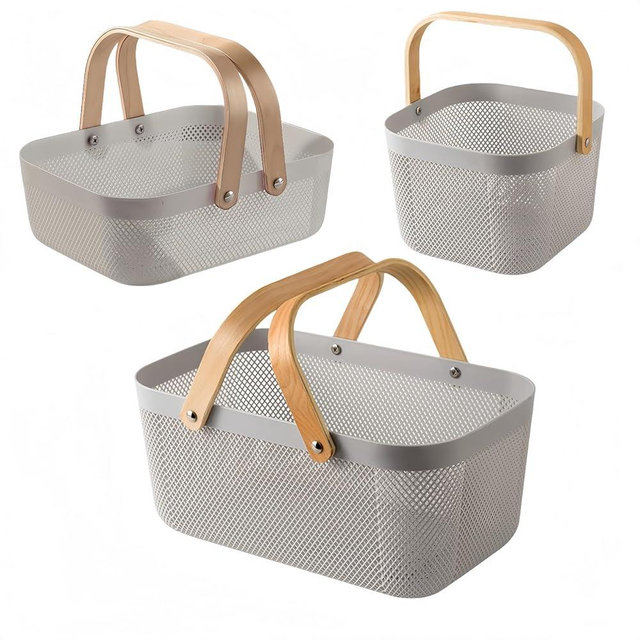 JSLYNB 3pcs plastic harvest baskets, foldable wooden handles, rectangular garden storage baskets, for picking and collecting vegetables and fruits in the garden cabinet (Gray)