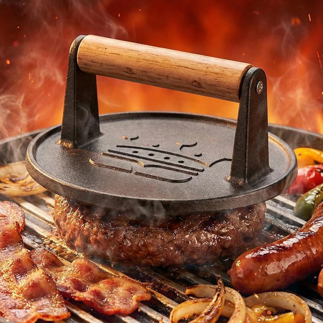 Smash Burger Press 6.5”, Cast Iron Flat Round Edge Grill/Bacon/Meat/Hamburger/Chef Press with Wood Handle, 1.74lb Burger Press Patty Maker for Griddles & Pans, Nonstick Hamburger Smasher Tool for BBQ