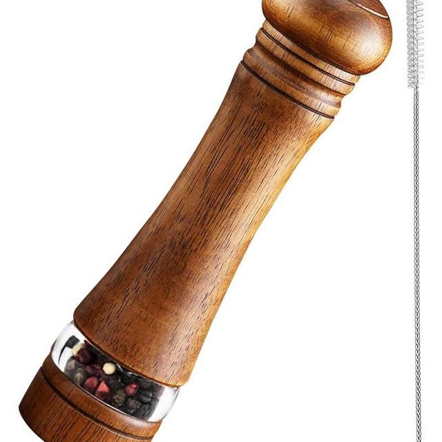 TooWoom Pepper Grinder Salt Grinder Wooden Pepper Mill Grinder w/Adjustable Coarse, 8 inch Tall Wood Refillable Manual Pepper Grinder Mill Peppermill for Black Peppercorn, Easy Clean w/Cleaning Brush