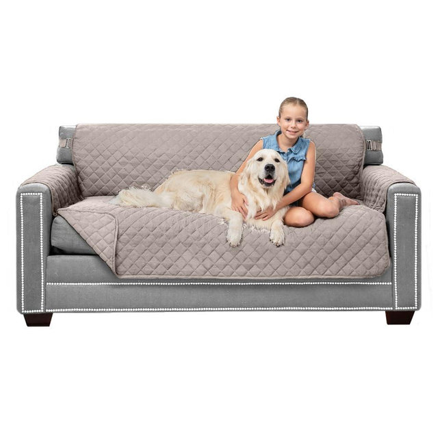 Sofa Shield Couch Slip Cover with Patented Strap, Cushion Protector, Reversible Stain and Dog Tear Resistant Slipcover, Quilted Microfiber 62” Seat, Washable Covers for Dogs Pets Kids, Light Taupe