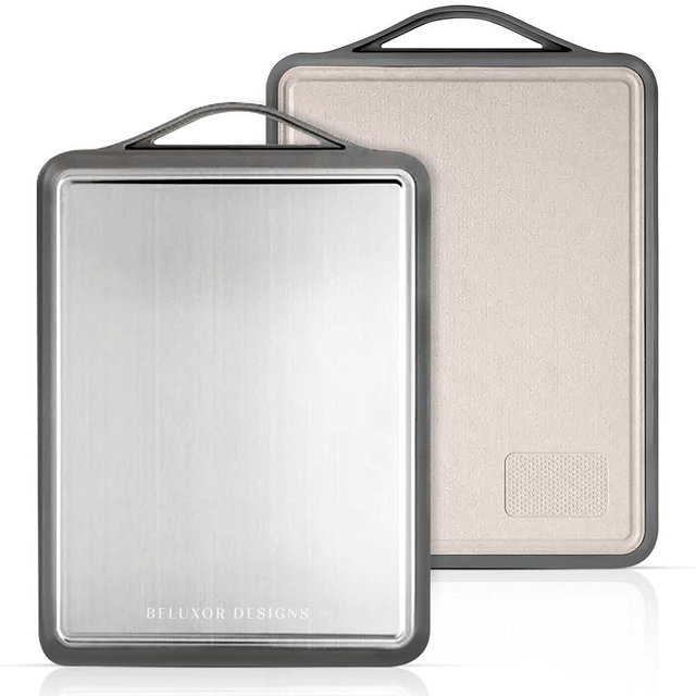 Beluxor Designs Double Sided Stainless Steel Cutting Boards for Kitchen, Large Size 17”×12”,Cutting Board for Kitchen,Food-Grade, 304 Stainless Steel and Cereal Fiber Wheat Straw PP. Non-toxic.