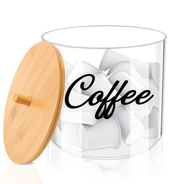 Coffee Pod Holder with Bamboo Lid, Clear K Cup Holder Kcup Vertuo Coffee Organizer, Coffee Filter Holder, Keurig Pods Holder for Counter,Coffee Creamer Container, Coffee Bar Storage Organization