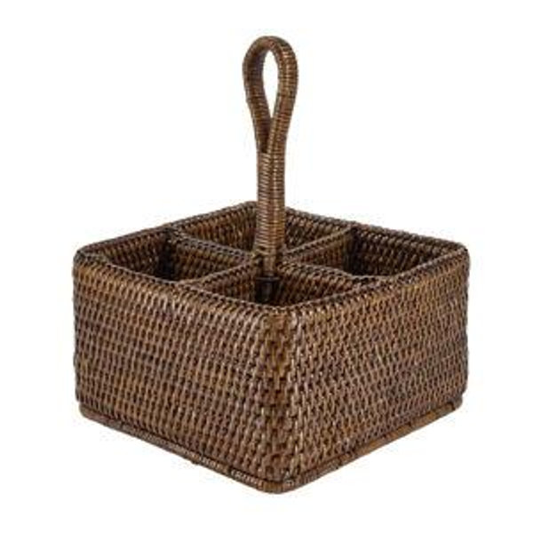 Rattan Cutlery and Condiment Carrier, Brown
