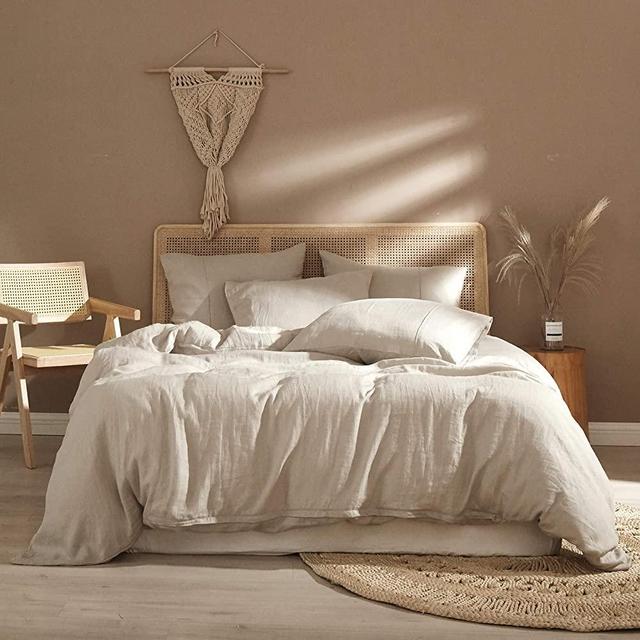 Ivellow Linen Duvet Cover Set, 100% Washed French Linen Duvet Cover Sets, 3 Pieces ( 1 Duvet Cover with 2 Pillowcases) Soft Breathable Linen Duvet Cover, King Size(104”x 90”), Natural
