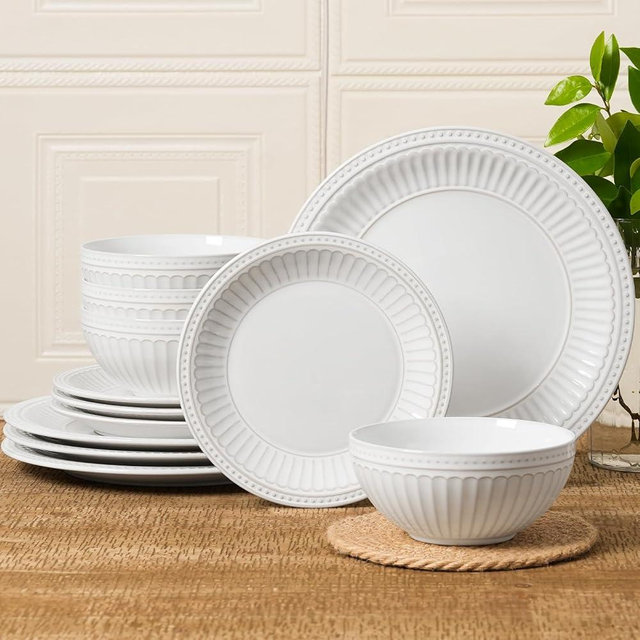 Famiware Garden Plates and Bowls Set, 12-Piece Dishes Set for 4, Scratch Resistant Kitchen Dishes Dinnerware Set - Microwave and Dishwasher Safe, Reactive Glaze and Embossed Stoneware, White