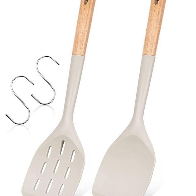 Pack of 2 Silicone Spatula, Non Stick Cooking Utensil Set Stainless Steel Handle Kitchen Turner for Baking Mixing Grilling Serving Food Heat Resistant Non Scratch Hooks Included (Khaki)
