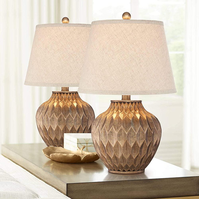 Buckhead Traditional Style Small Accent Table Lamps Set of 2 Warm Bronze Geometric Urn Tapered Drum Shade for Living Room Bedroom House Bedside Nightstand Home Office Family - 360 Lighting