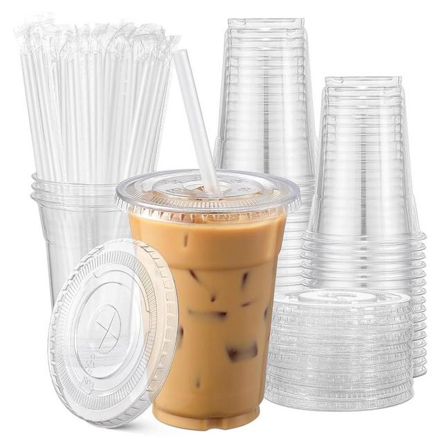 AOZITA 100Pack, 16 oz Plastic Cups With Lids and Straws, Disposable Clear Plastic Cups With Lids for Iced Coffee, Smoothie, Milkshake and Cold Drinks